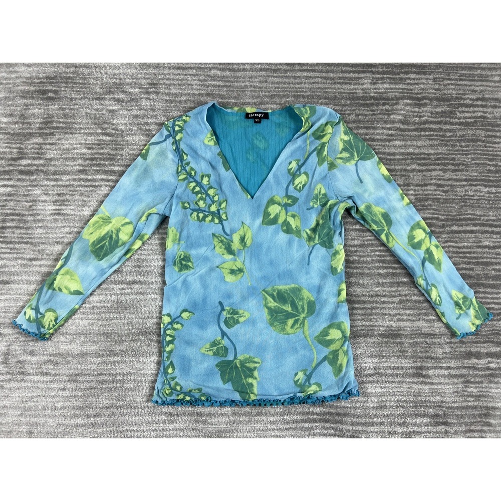 Therapy Mesh Top Womens XL Blue Green Ivy Leaf Print V-Neck Lettuce Trim 63300